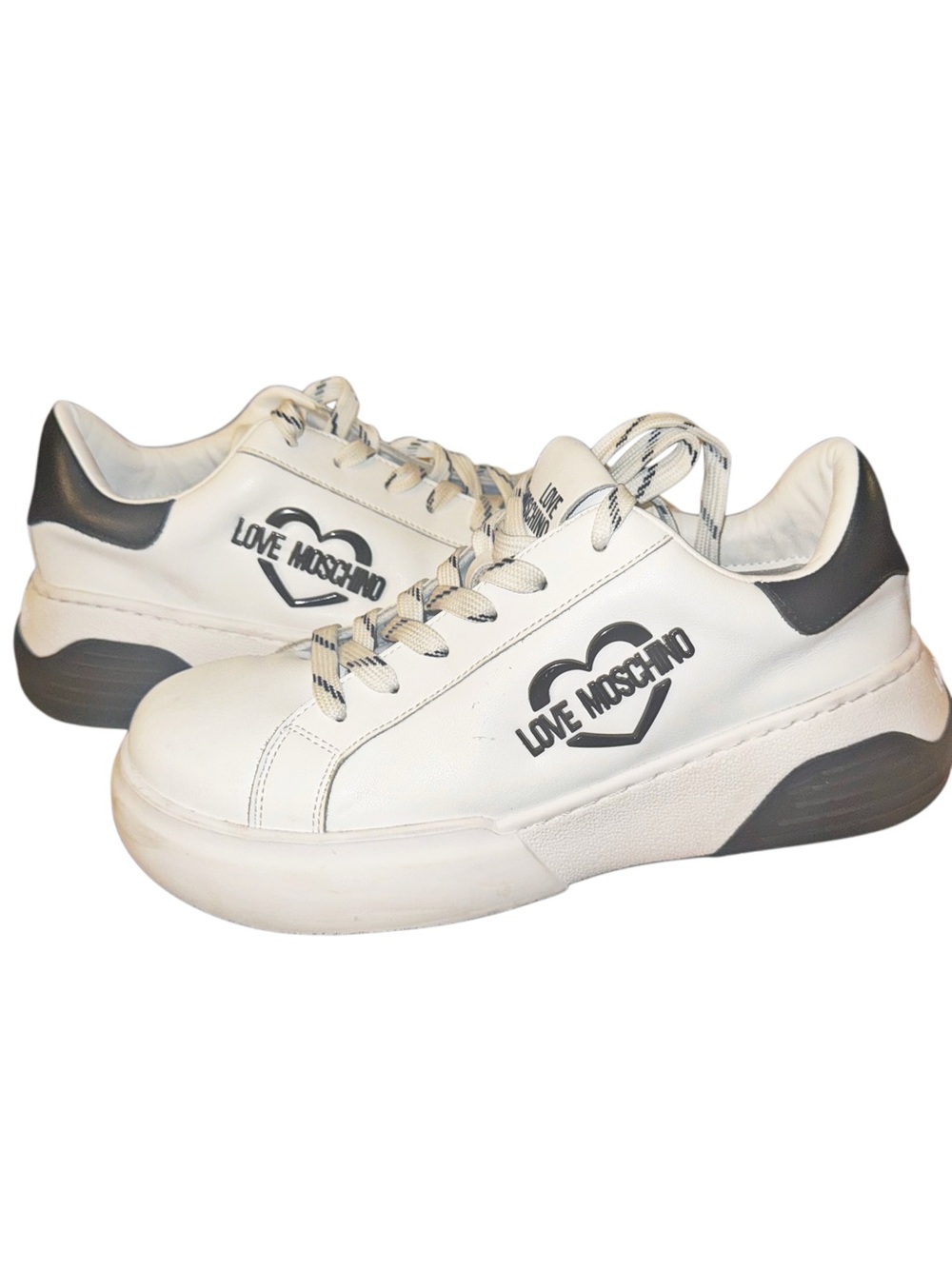 LOVE MOSCHINO - Logo Plaque Leather Platform Sneakers - White & Black - Picture 7 of 12